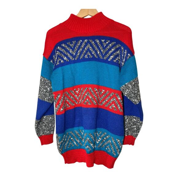 Vintage Sweaters - Vintage D.D. Sloane Striped Retro Sweater Tunic Medium Womens  Red Blue